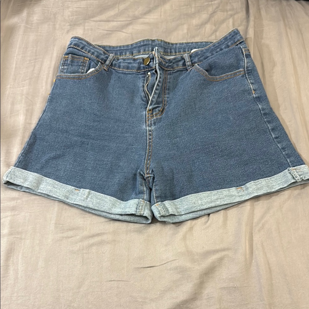 Blue Stretch Shorts with Cuffed Hem